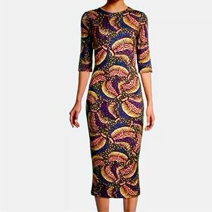 FARM RIO Black Wild Bananas Jersey Midi Dress w/ Slit, XS